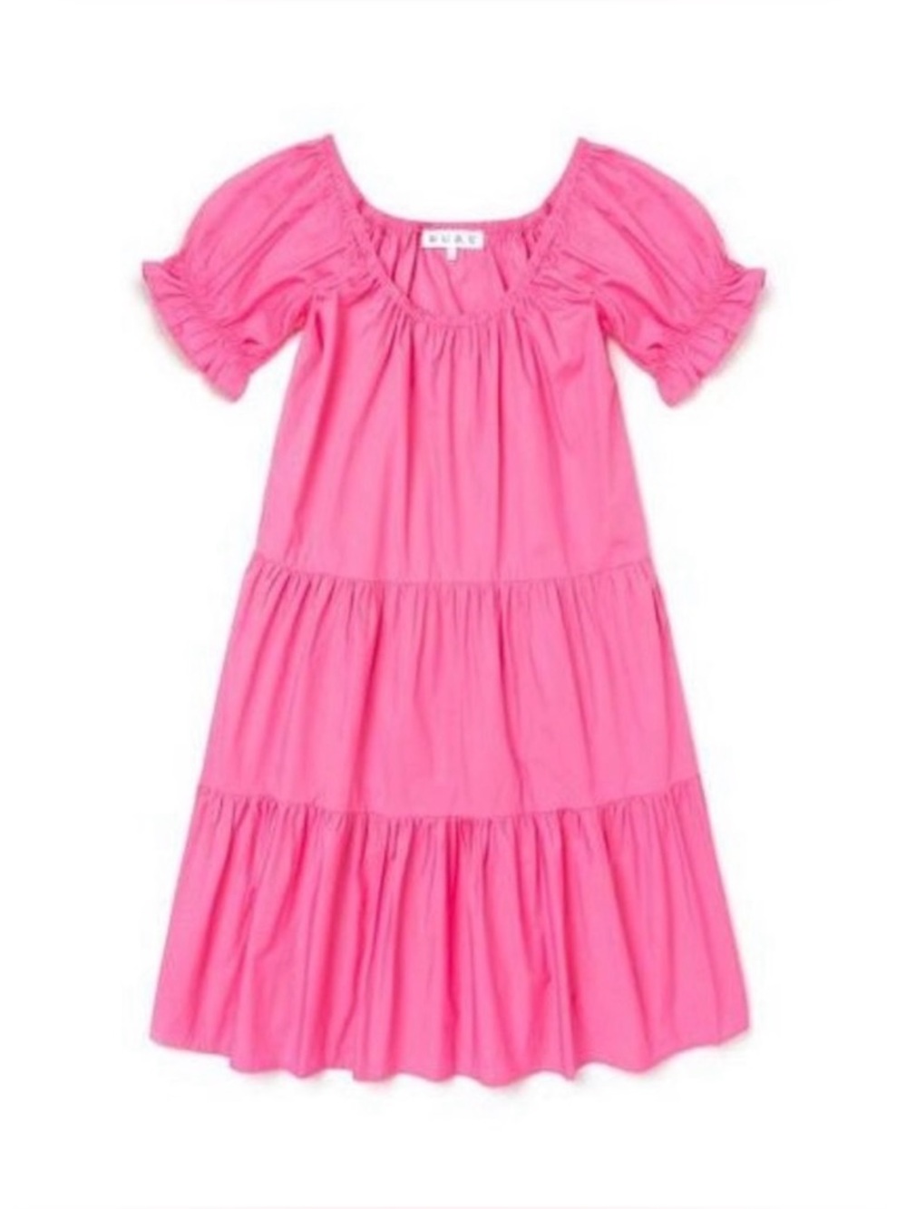 BURU Pink Tiered Short Puff Sleeve Short Cotton Dress LARGE with pockets